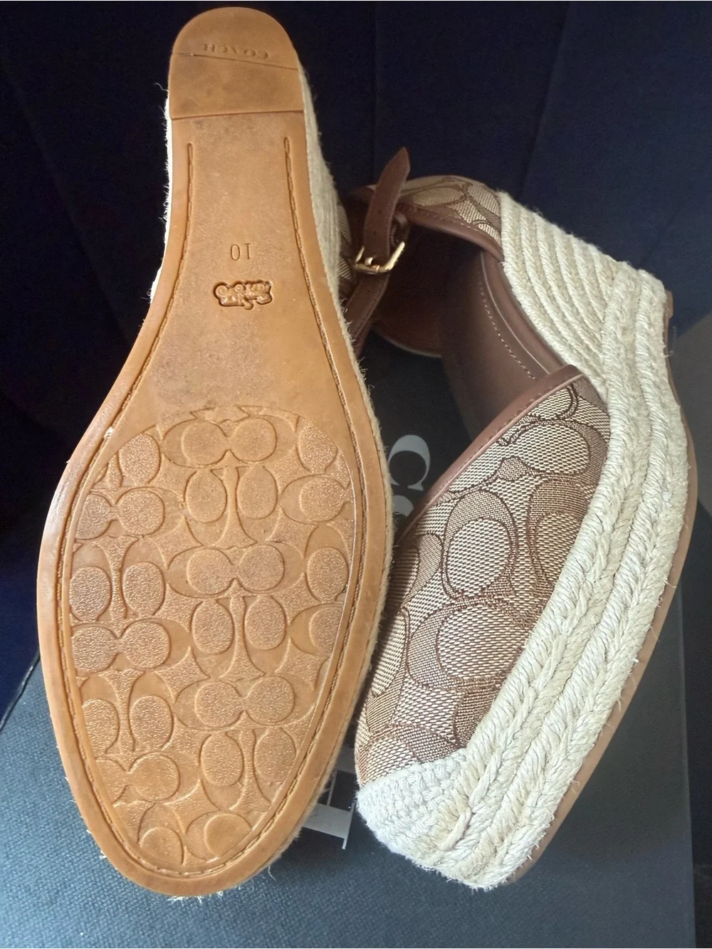 Coach Brown Signature Canvas Espadrille Wedges with Leather Ankle Strap
